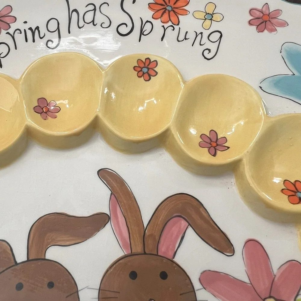 Cracker Barrel‎ Ceramic Easter Egg Plate Bunny Flowers 'Spring Has Sprung 13x10